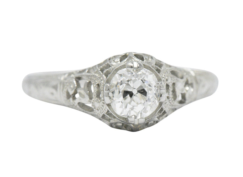 Edwardian 0.50 CTW Old Mine Diamond 18 Karat White Gold Tulip Flower Engagement Ring GIA Wilson's Estate Jewelry