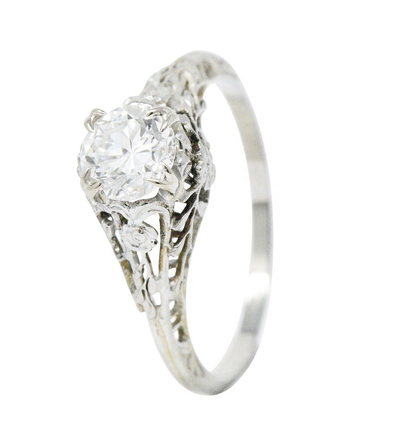 Edwardian 0.73 CTW Diamond 18 Karat White Gold Floral Engagement Ring GIA Wilson's Estate Jewelry