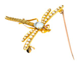 Edwardian 0.75 CTW Aquamarine Seed Pearl 14 Karat Gold Dragonfly Brooch - Wilson's Estate Jewelry
