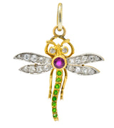 Edwardian 0.75 CTW Diamond Ruby Demantoid Garnet Platinum 18 Karat Gold Dragonfly Charm Pendant - Wilson's Estate Jewelry