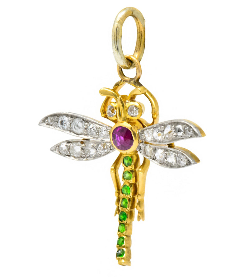 Edwardian 0.75 CTW Diamond Ruby Demantoid Garnet Platinum 18 Karat Gold Dragonfly Charm Pendant - Wilson's Estate Jewelry