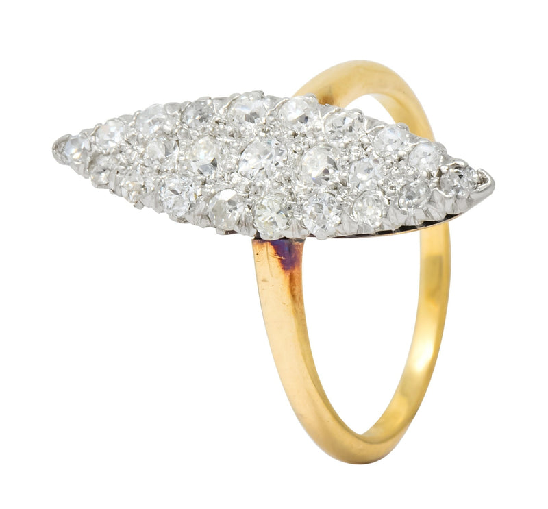 Edwardian 0.88 CTW Diamond Platinum-Topped 14 Karat Gold Navette Cluster Ring - Wilson's Estate Jewelry