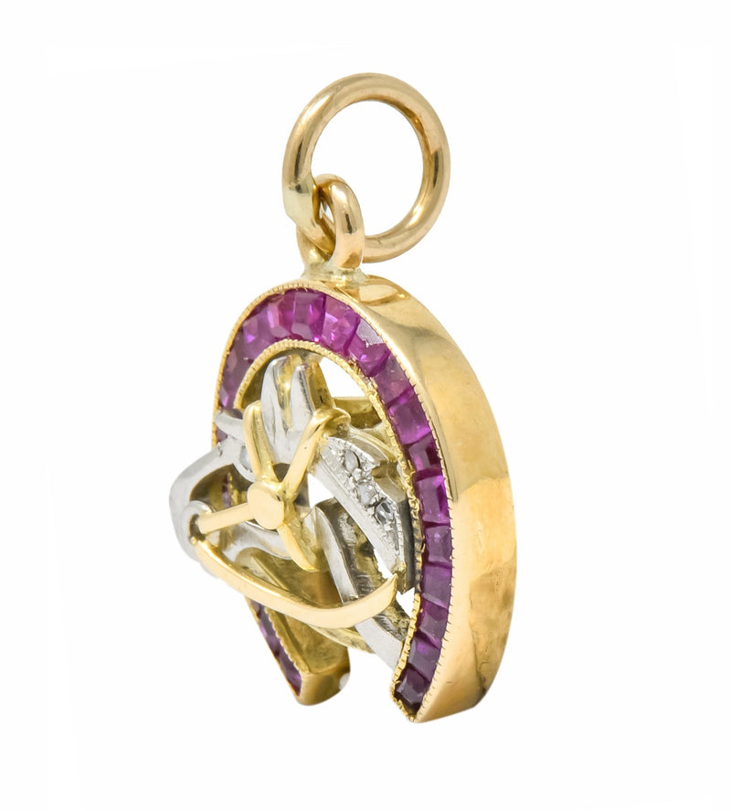 Edwardian 1.03 CTW Ruby Diamond 18 Karat Gold Platinum Horseshoe Horse Charm - Wilson's Estate Jewelry