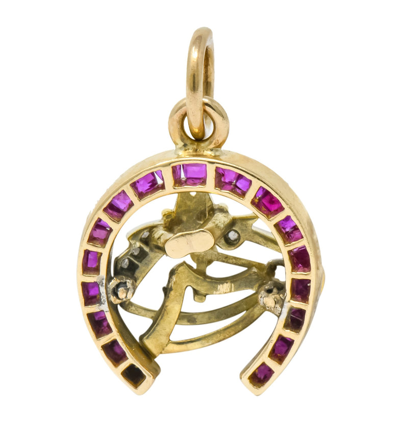 Edwardian 1.03 CTW Ruby Diamond 18 Karat Gold Platinum Horseshoe Horse Charm - Wilson's Estate Jewelry
