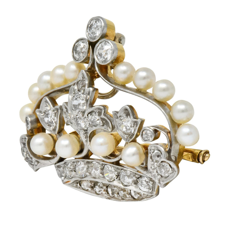 Edwardian 1.58 CTW Old European Diamond Pearl Platinum-Topped Gold Crown Pendant Brooch - Wilson's Estate Jewelry