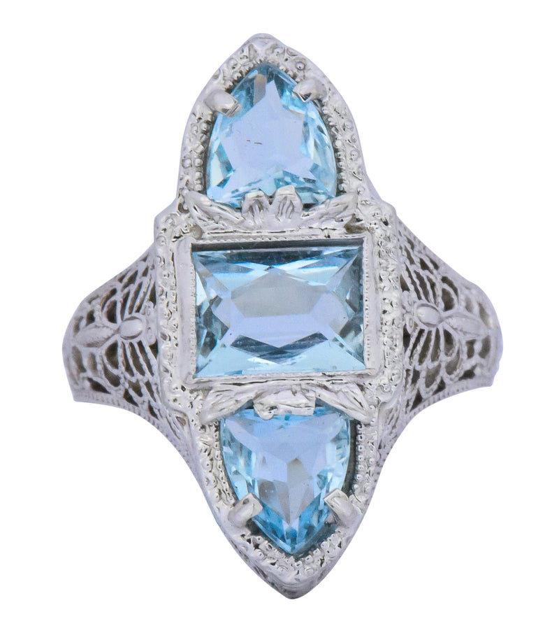 Edwardian 1.75 CTW Aquamarine Dragonfly 14 Karat White Gold Cocktail Ring Wilson's Estate Jewelry