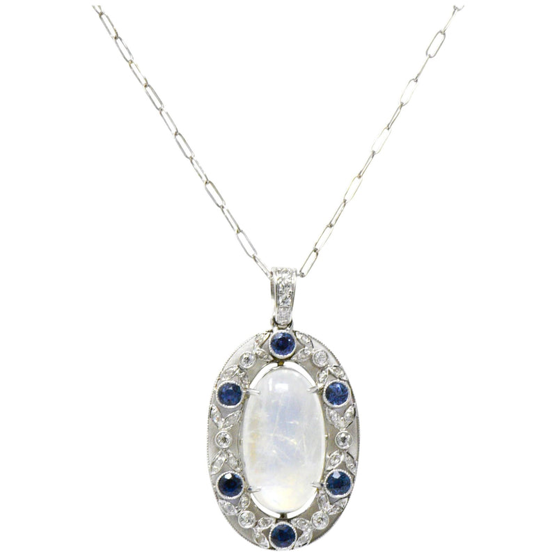 Edwardian 11.80 CTW Moonstone Sapphire Diamond Platinum Pendant Necklace Wilson's Estate Jewelry