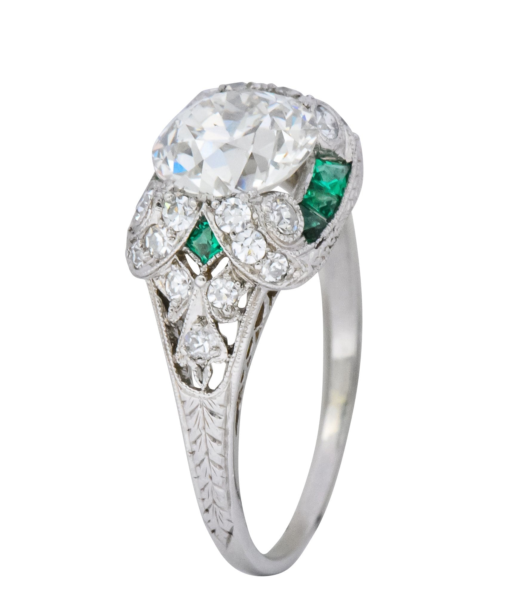 Edwardian 2.10 CTW Old European Diamond Emerald Platinum Engagement Ring GIA - Wilson's Estate Jewelry