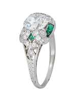 Edwardian 2.10 CTW Old European Diamond Emerald Platinum Engagement Ring GIA - Wilson's Estate Jewelry