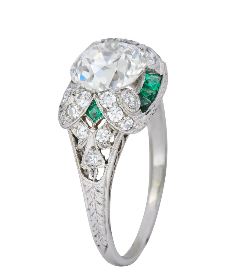 Edwardian 2.10 CTW Old European Diamond Emerald Platinum Engagement Ring GIA - Wilson's Estate Jewelry