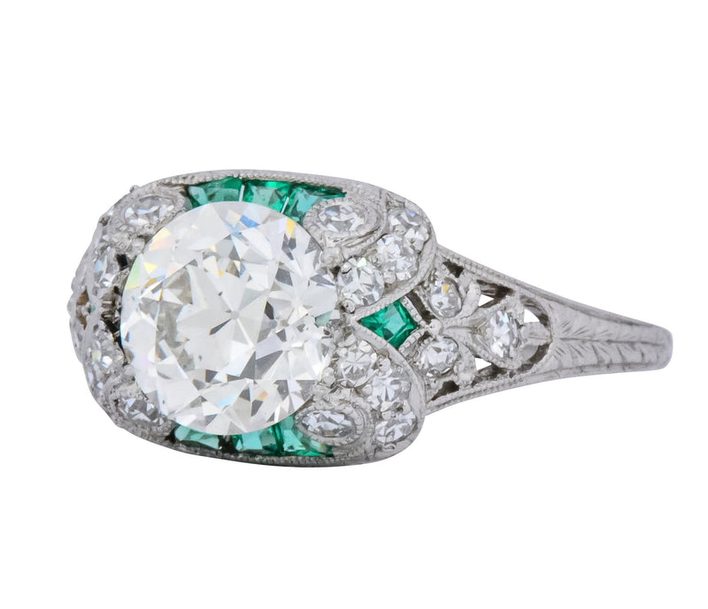 Edwardian 2.10 CTW Old European Diamond Emerald Platinum Engagement Ring GIA - Wilson's Estate Jewelry