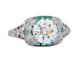 Edwardian 2.10 CTW Old European Diamond Emerald Platinum Engagement Ring GIA - Wilson's Estate Jewelry