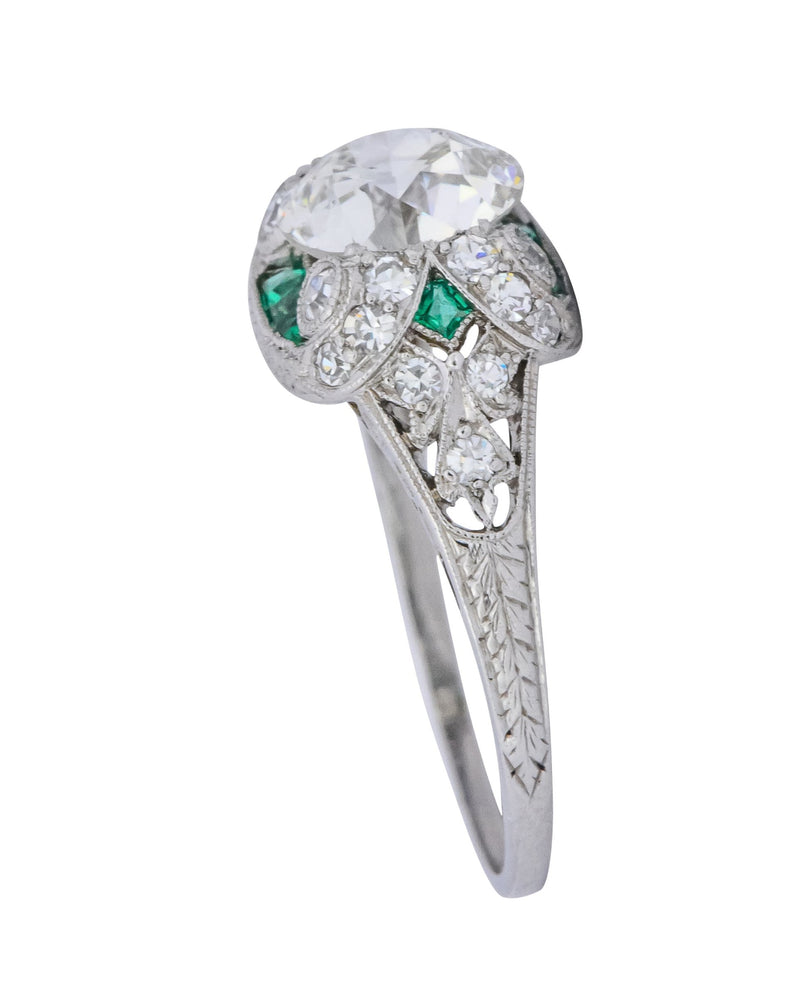 Edwardian 2.10 CTW Old European Diamond Emerald Platinum Engagement Ring GIA - Wilson's Estate Jewelry