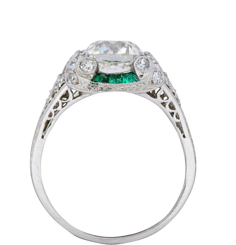 Edwardian 2.10 CTW Old European Diamond Emerald Platinum Engagement Ring GIA - Wilson's Estate Jewelry