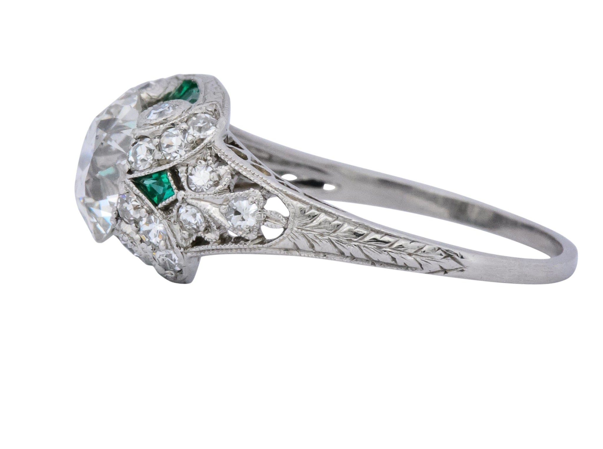 Edwardian 2.10 CTW Old European Diamond Emerald Platinum Engagement Ring GIA - Wilson's Estate Jewelry