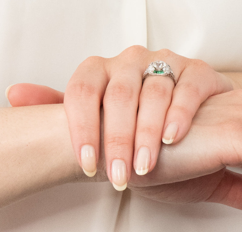 Edwardian 2.10 CTW Old European Diamond Emerald Platinum Engagement Ring GIA - Wilson's Estate Jewelry
