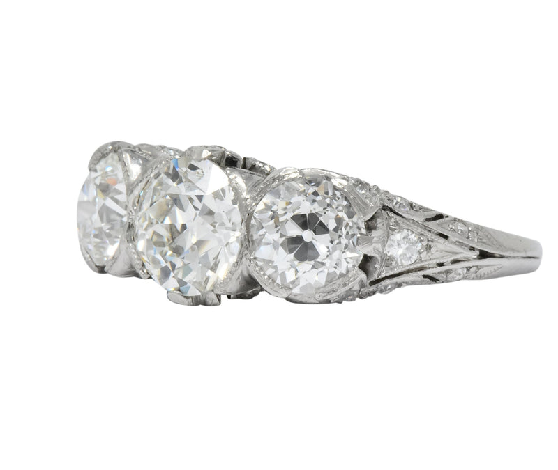 Edwardian 2.70 CTW Old European Diamond Platinum Three Stone Ring GIA - Wilson's Estate Jewelry