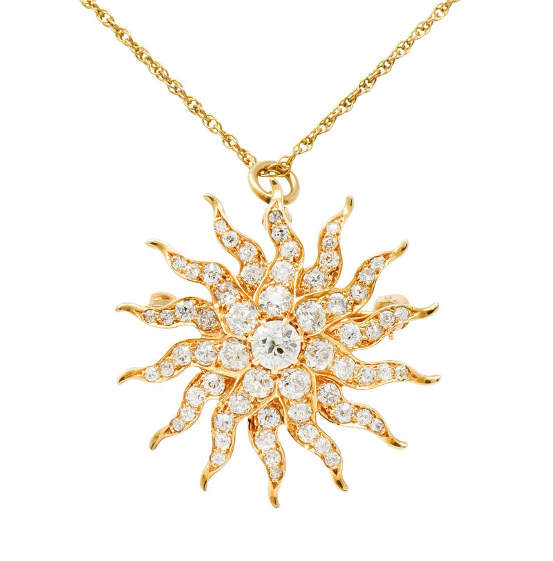 Edwardian 3.10 CTW Diamond 14 Karat Gold Radiant Sunburst Pendant Brooch Necklace - Wilson's Estate Jewelry