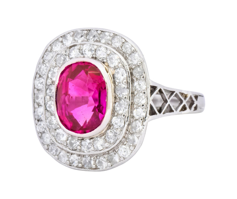 Edwardian 3.37 CTW No Heat Burma Ruby Diamond Halo Platinum Cluster Ring AGL - Wilson's Estate Jewelry