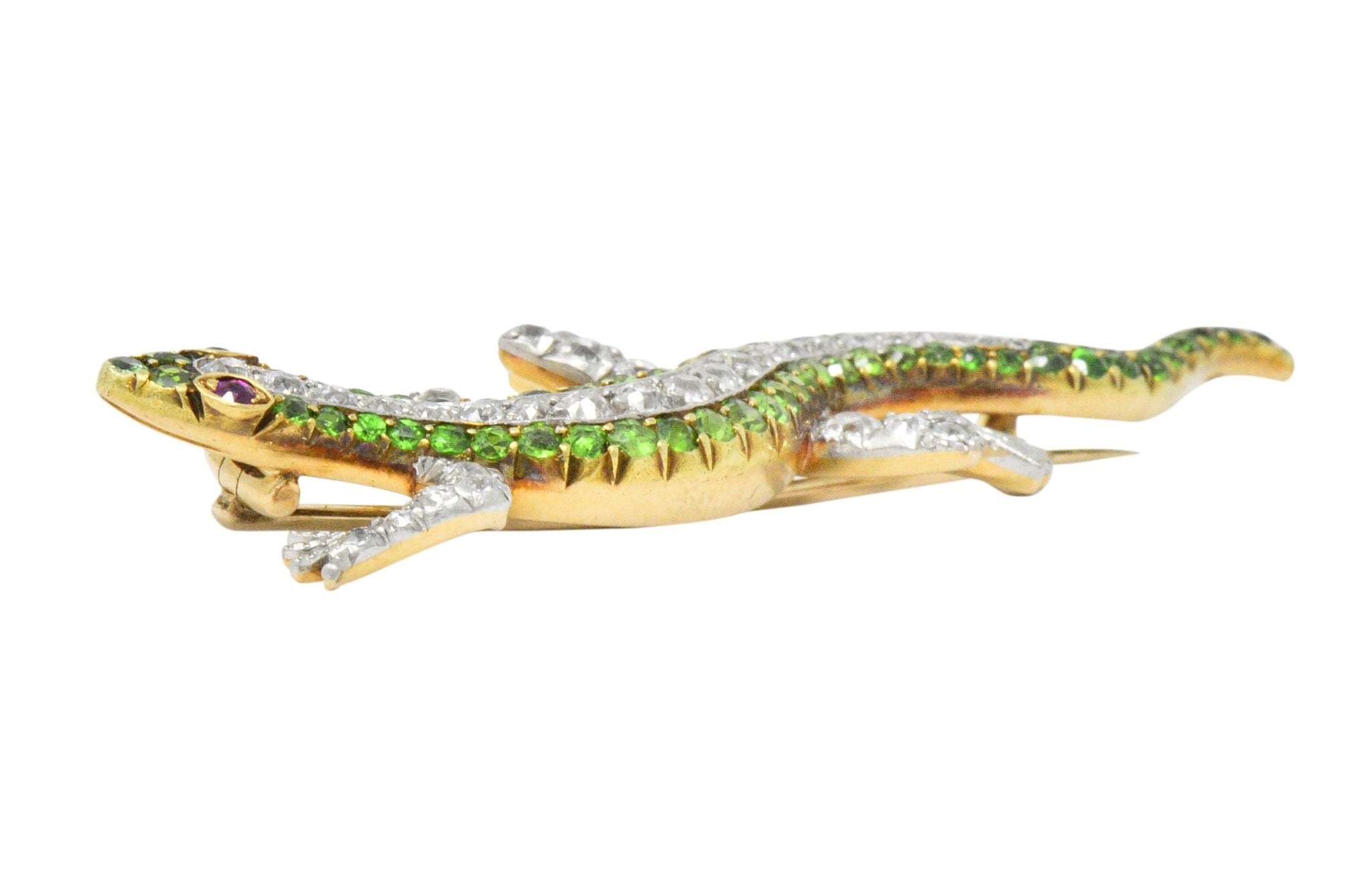 Edwardian 3.40 CTW Diamond Demantoid Garnet Ruby Platinum-Topped Gold Lizard Brooch Wilson's Estate Jewelry