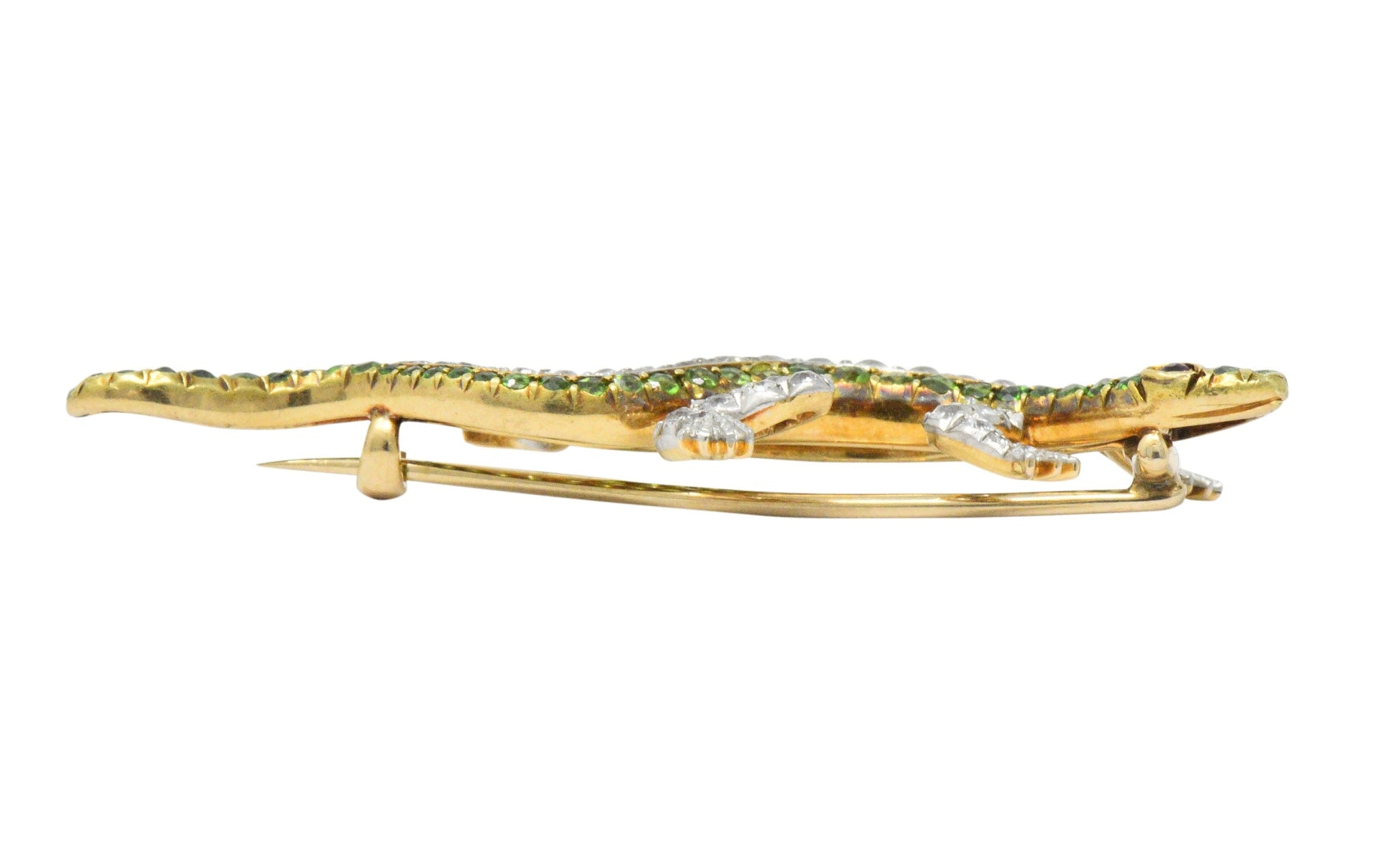 Edwardian 3.40 CTW Diamond Demantoid Garnet Ruby Platinum-Topped Gold Lizard Brooch Wilson's Estate Jewelry