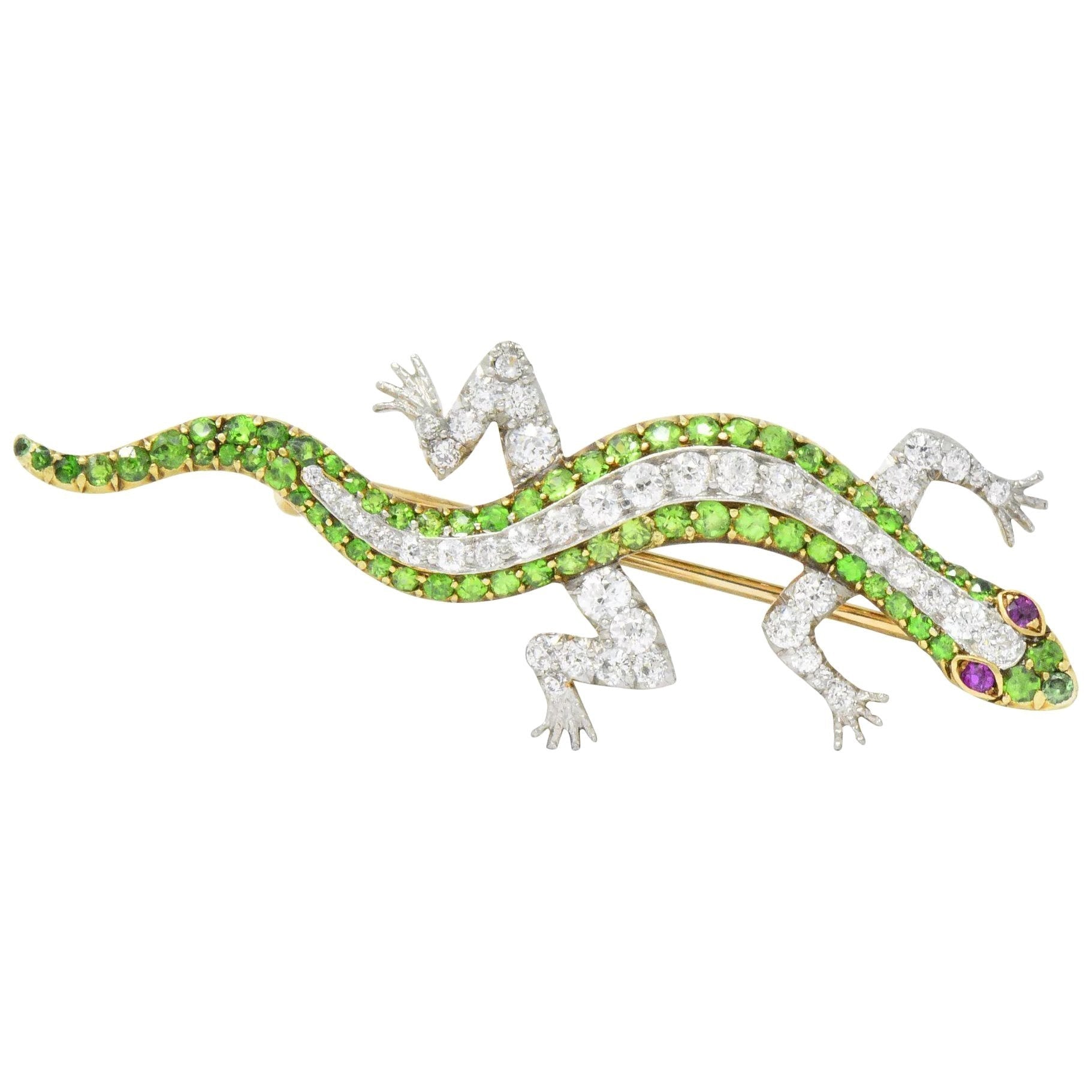 Edwardian 3.40 CTW Diamond Demantoid Garnet Ruby Platinum-Topped Gold Lizard Brooch Wilson's Estate Jewelry