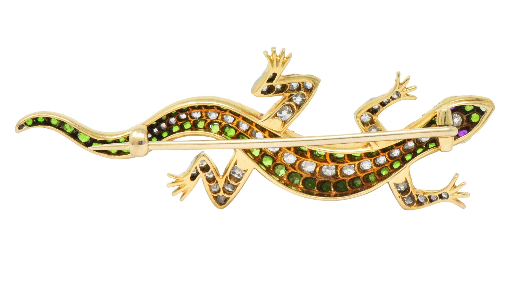 Edwardian 3.40 CTW Diamond Demantoid Garnet Ruby Platinum-Topped Gold Lizard Brooch Wilson's Estate Jewelry