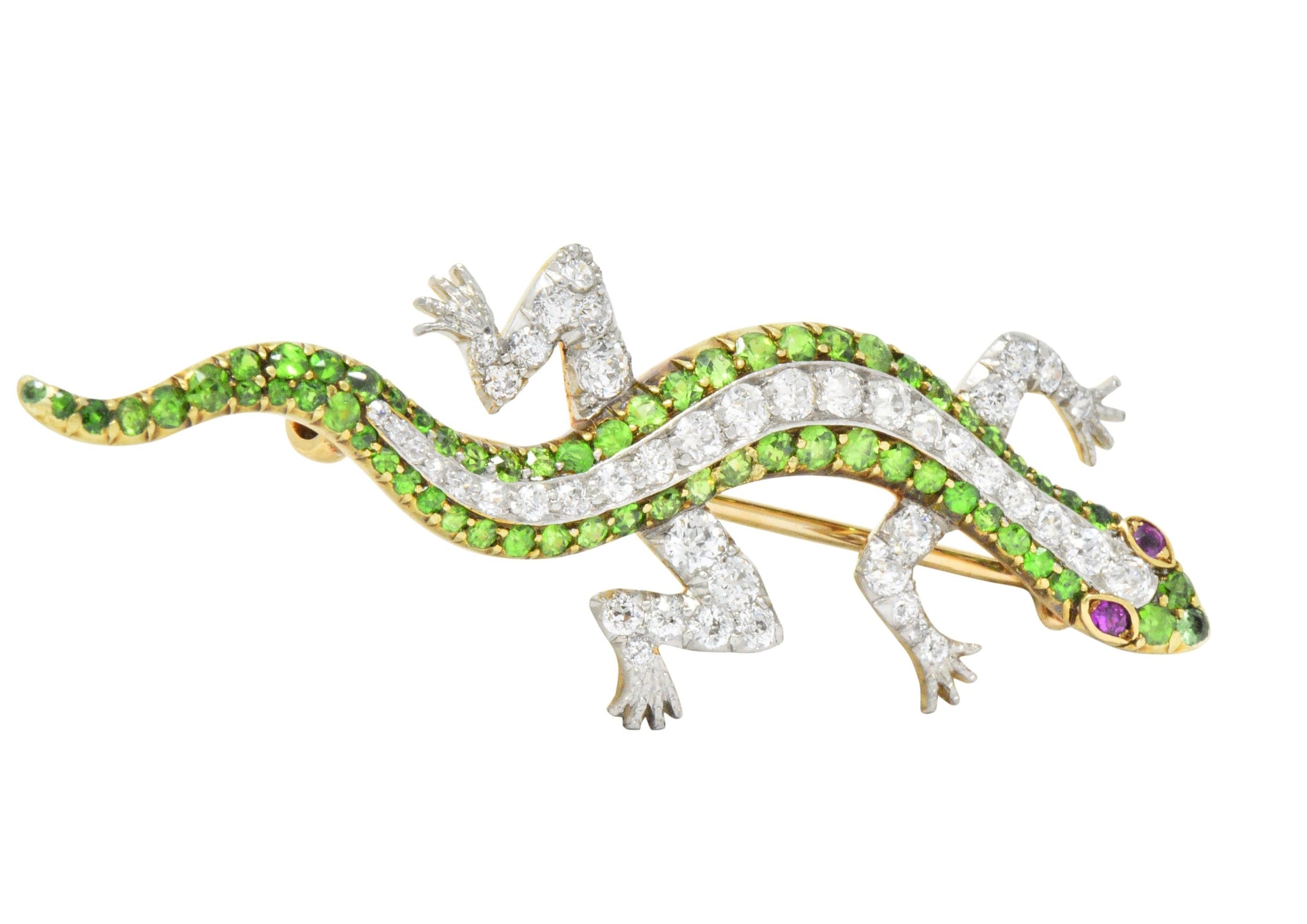 Edwardian 3.40 CTW Diamond Demantoid Garnet Ruby Platinum-Topped Gold Lizard Brooch Wilson's Estate Jewelry