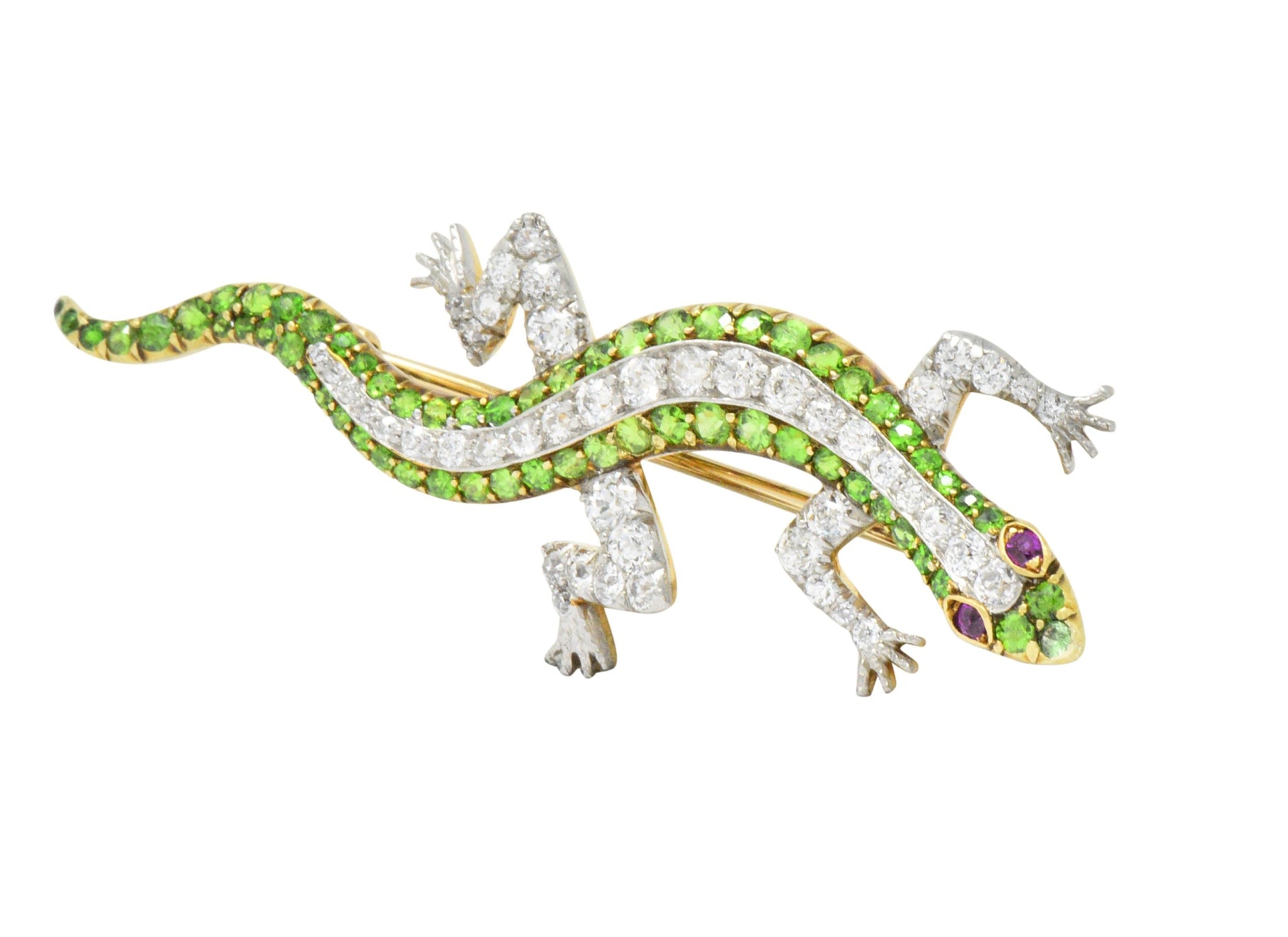 Edwardian 3.40 CTW Diamond Demantoid Garnet Ruby Platinum-Topped Gold Lizard Brooch Wilson's Estate Jewelry