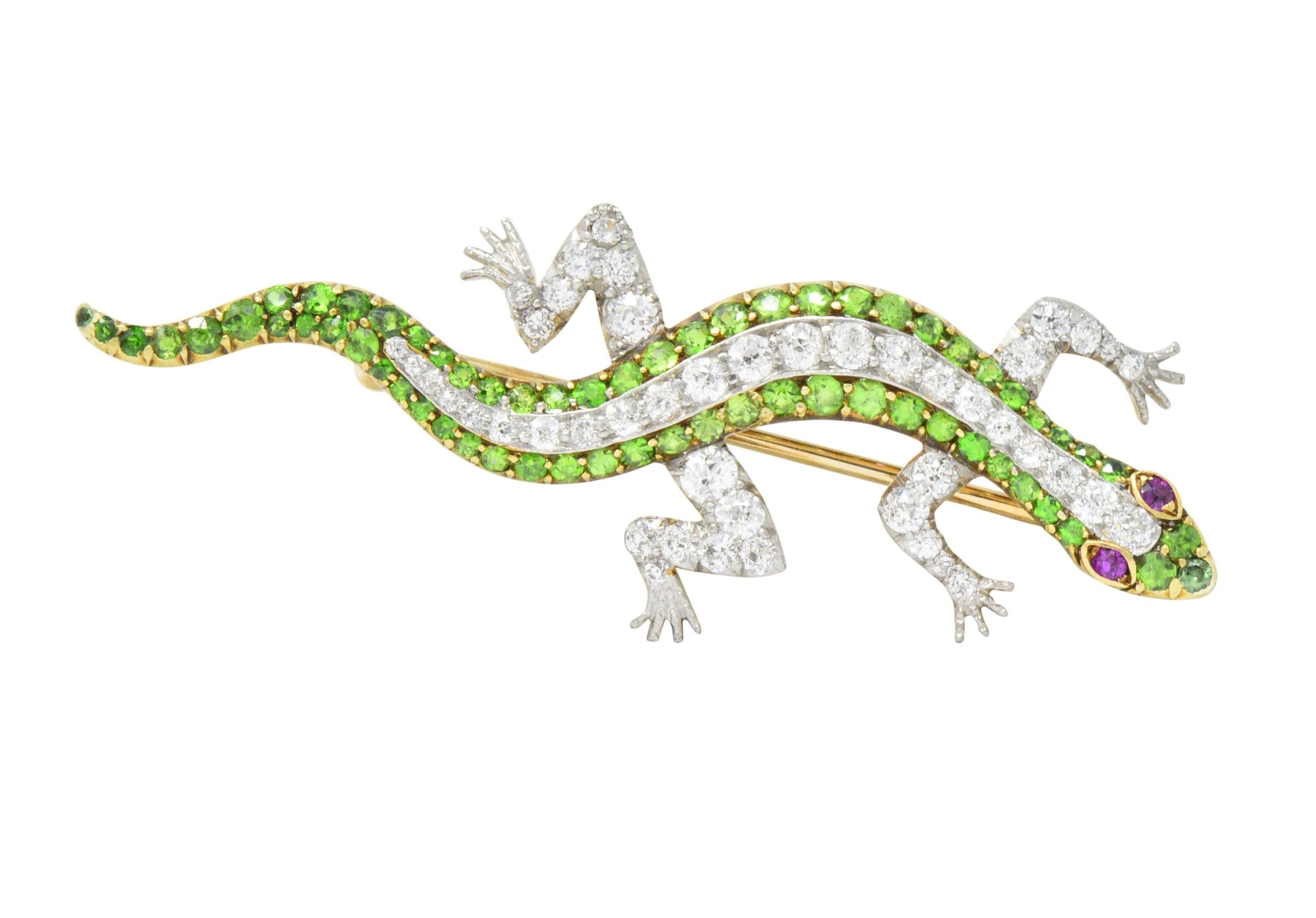 Edwardian 3.40 CTW Diamond Demantoid Garnet Ruby Platinum-Topped Gold Lizard Brooch Wilson's Estate Jewelry