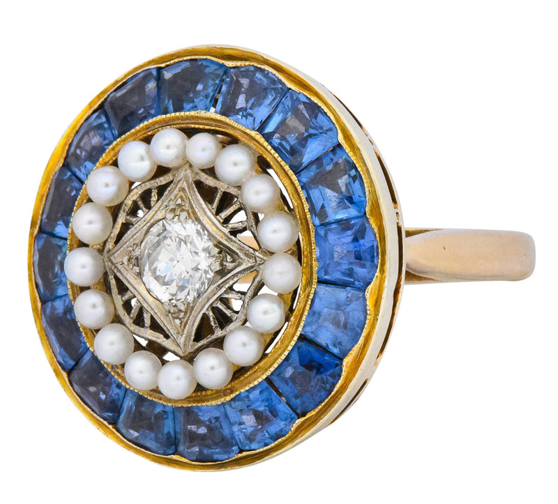 Edwardian 4.00 CTW Diamond Pearl Sapphire Platinum 14 Karat Gold Cocktail Ring - Wilson's Estate Jewelry