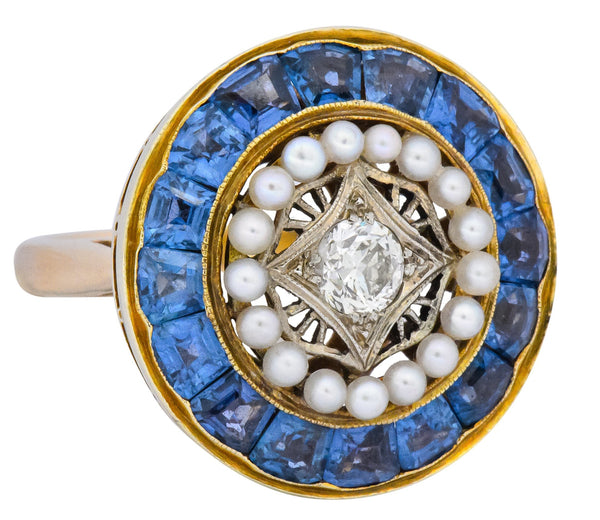 Edwardian 4.00 CTW Diamond Pearl Sapphire Platinum 14 Karat Gold Cocktail Ring - Wilson's Estate Jewelry