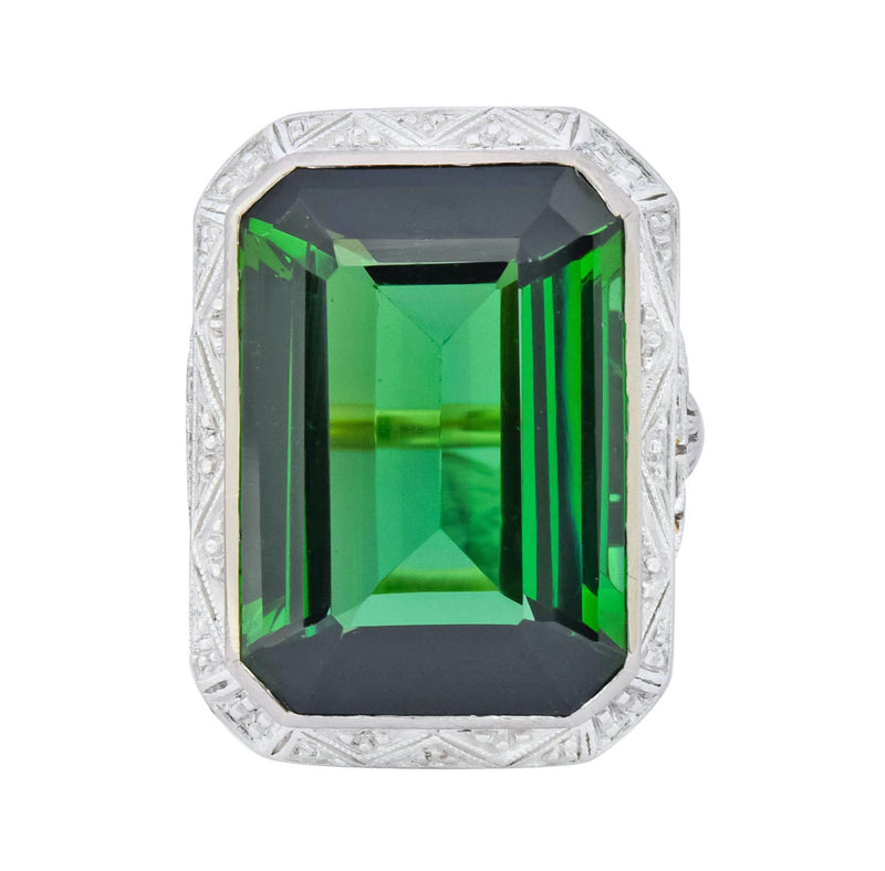 Edwardian 45.28 CTW Green Tourmaline Platinum-Topped 14 Karat Gold Cocktail Ring - Wilson's Estate Jewelry