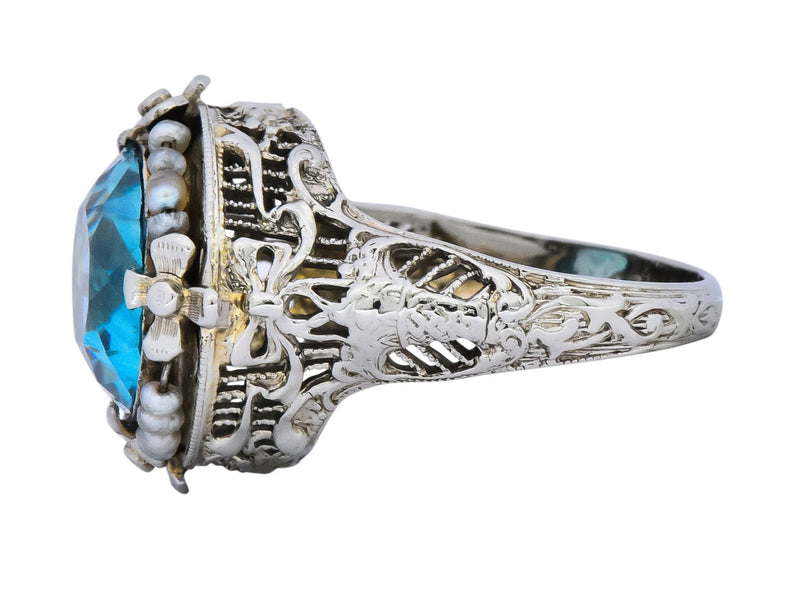 Edwardian 5.00 CTW Blue Zircon Seed Pearl 18 Karat White Gold Ring - Wilson's Estate Jewelry