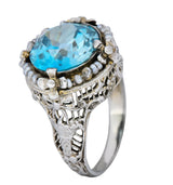 Edwardian 5.00 CTW Blue Zircon Seed Pearl 18 Karat White Gold Ring - Wilson's Estate Jewelry