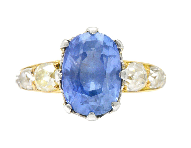 Edwardian 8.66 CTW Ceylon Sapphire Diamond Platinum 18 Karat Gold Ring Wilson's Estate Jewelry