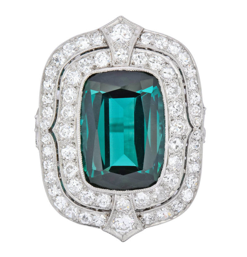 Edwardian 9.90 CTW Green Tourmaline Diamond Platinum Belle Epoque Ring - Wilson's Estate Jewelry