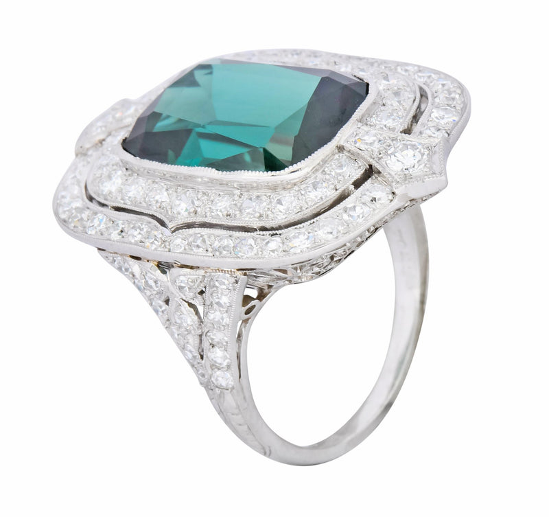 Edwardian 9.90 CTW Green Tourmaline Diamond Platinum Belle Epoque Ring - Wilson's Estate Jewelry