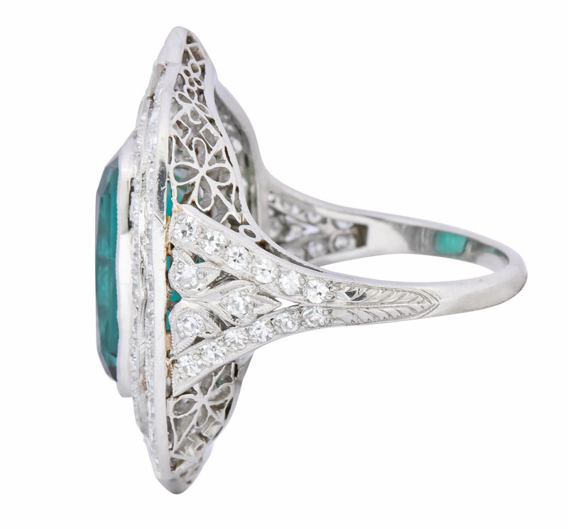 Edwardian 9.90 CTW Green Tourmaline Diamond Platinum Belle Epoque Ring - Wilson's Estate Jewelry