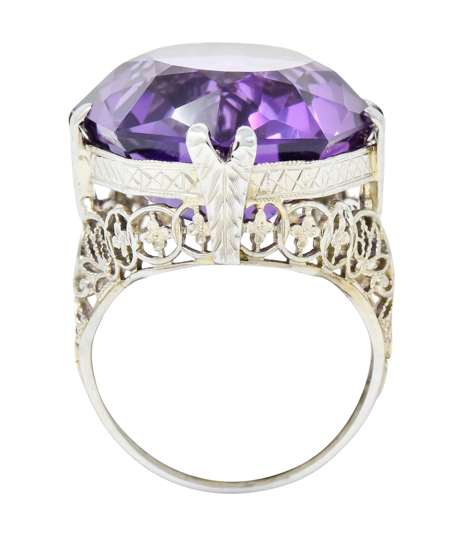 Edwardian Amethyst 18 Karat White Gold Floral Lace Cocktail Ring - Wilson's Estate Jewelry
