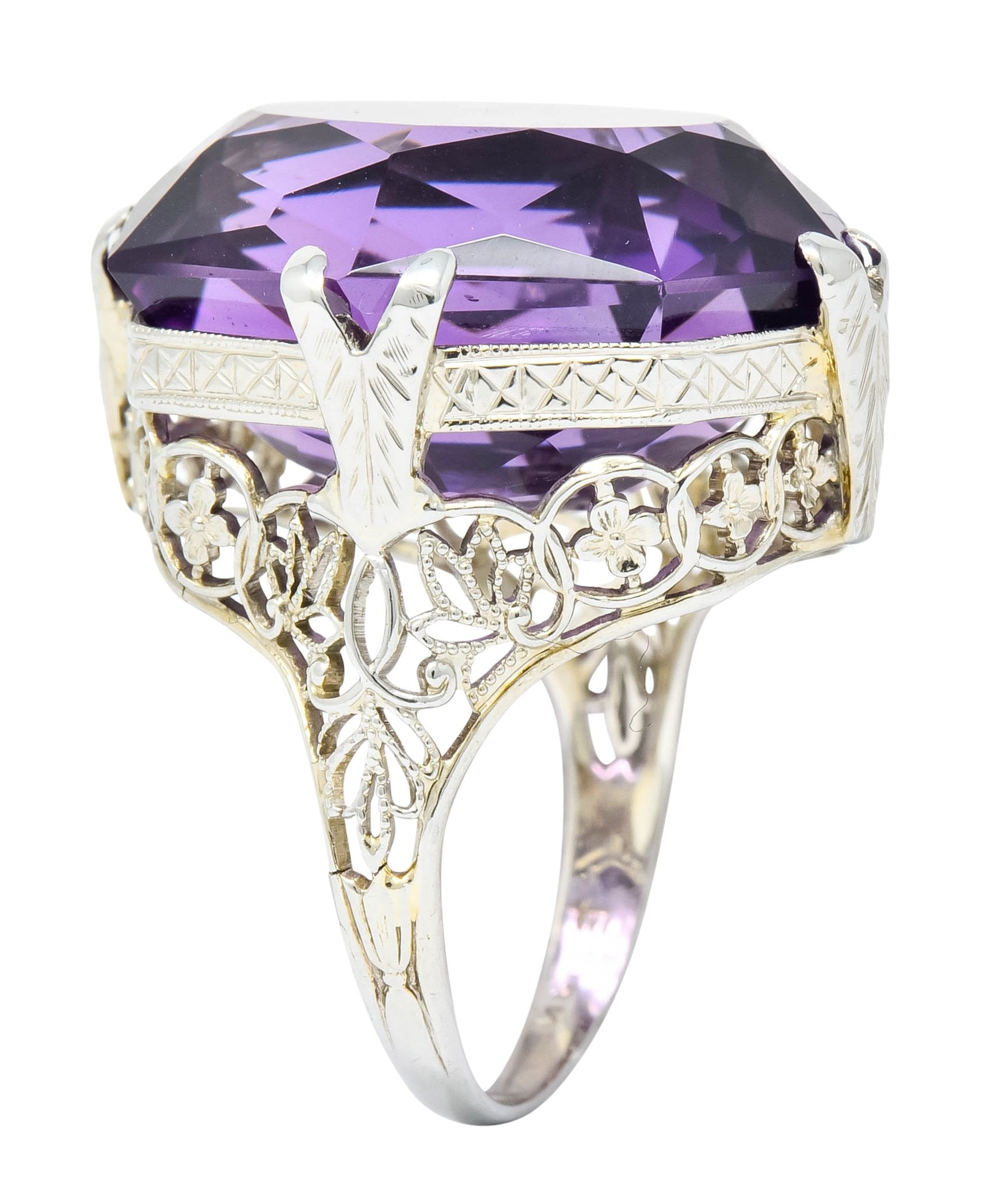 Edwardian Amethyst 18 Karat White Gold Floral Lace Cocktail Ring - Wilson's Estate Jewelry