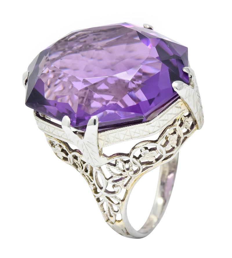 Edwardian Amethyst 18 Karat White Gold Floral Lace Cocktail Ring - Wilson's Estate Jewelry