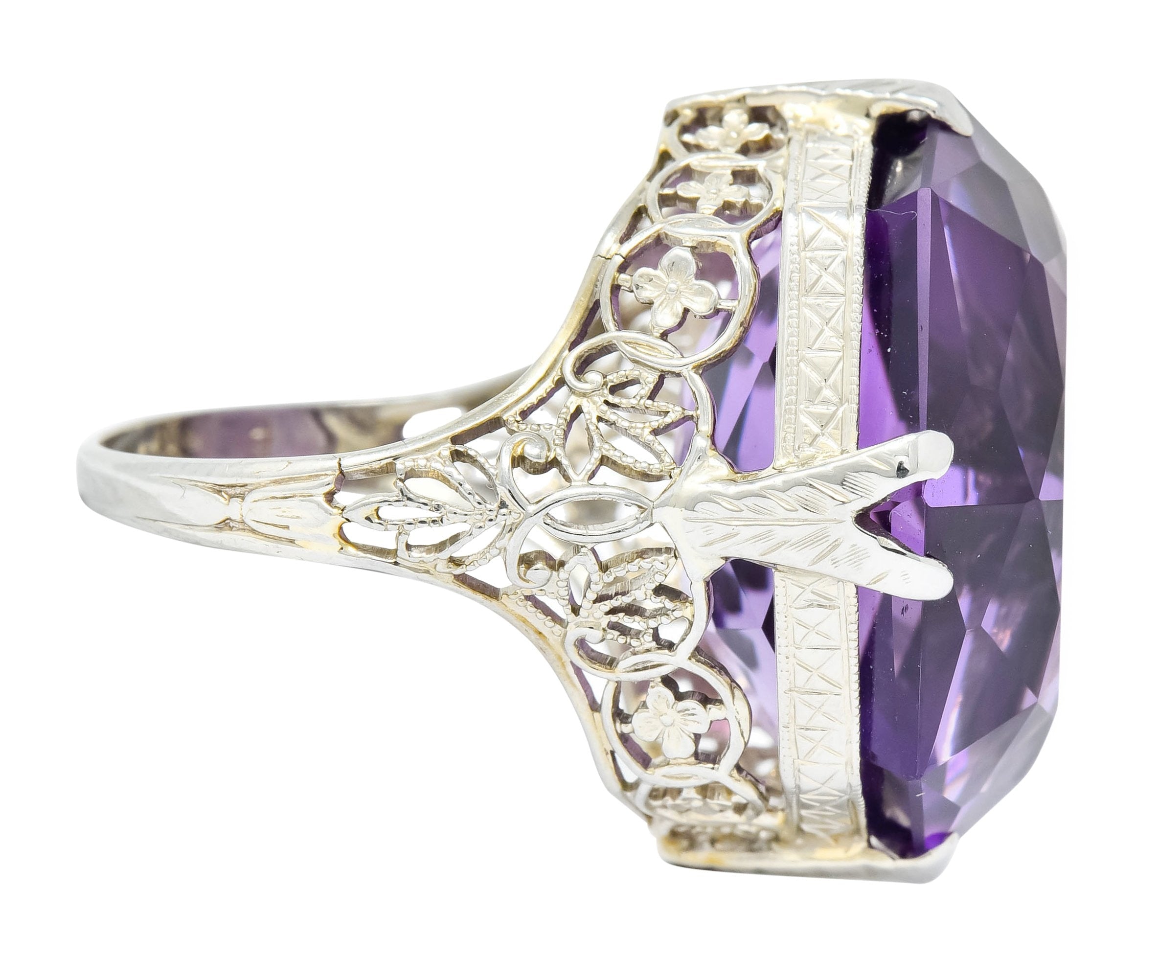 Edwardian Amethyst 18 Karat White Gold Floral Lace Cocktail Ring - Wilson's Estate Jewelry