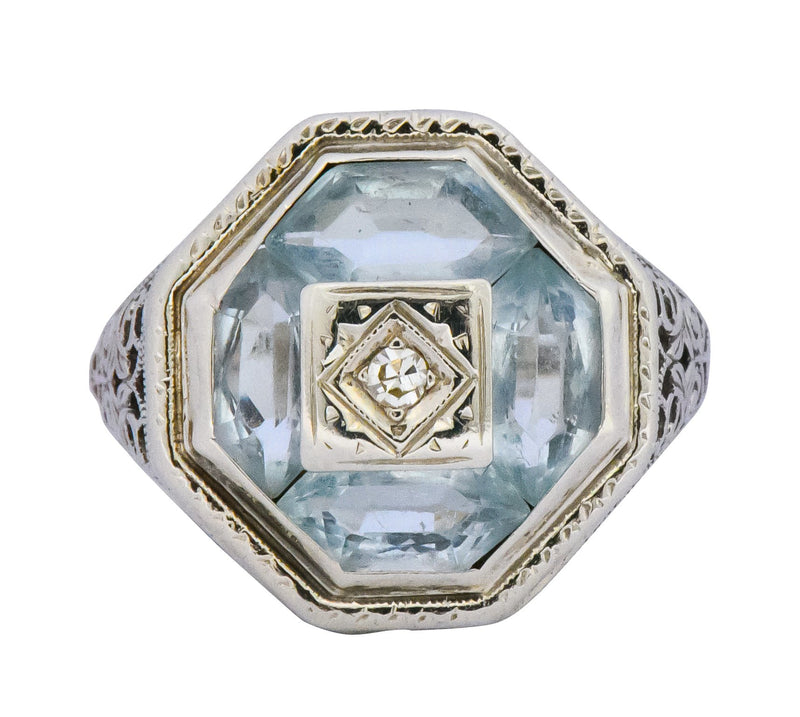Edwardian Aquamarine Diamond 14 Karat White Gold Dinner Ring - Wilson's Estate Jewelry