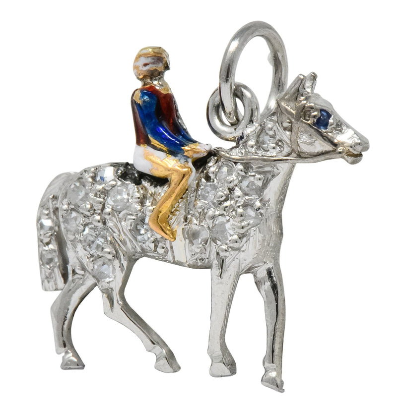 1920's Edwardian Diamond Sapphire Enamel Gold Platinum Racehorse Charm - Wilson's Estate Jewelry