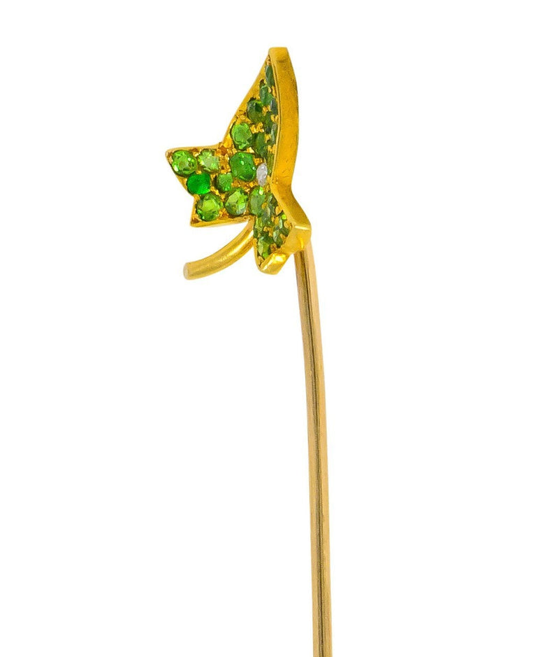 Edwardian Demantoid Garnet Diamond 18 Karat Gold Pavé Leaf Stickpin - Wilson's Estate Jewelry