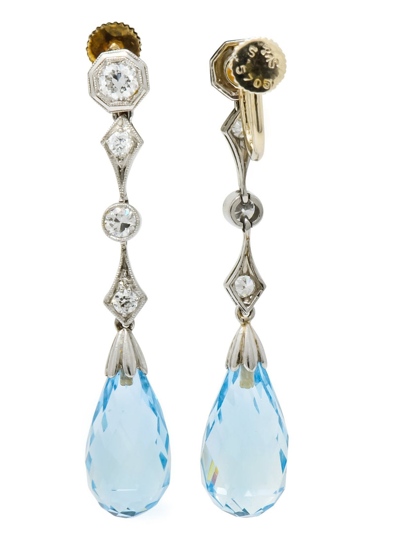Edwardian Diamond Aquamarine Briolette Platinum Drop Earrings - Wilson's Estate Jewelry