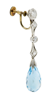Edwardian Diamond Aquamarine Briolette Platinum Drop Earrings - Wilson's Estate Jewelry