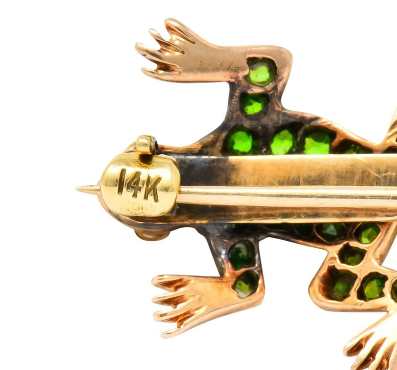 Edwardian Diamond Demantoid Garnet 14 Karat Gold Frog Brooch Circa 1900 - Wilson's Estate Jewelry
