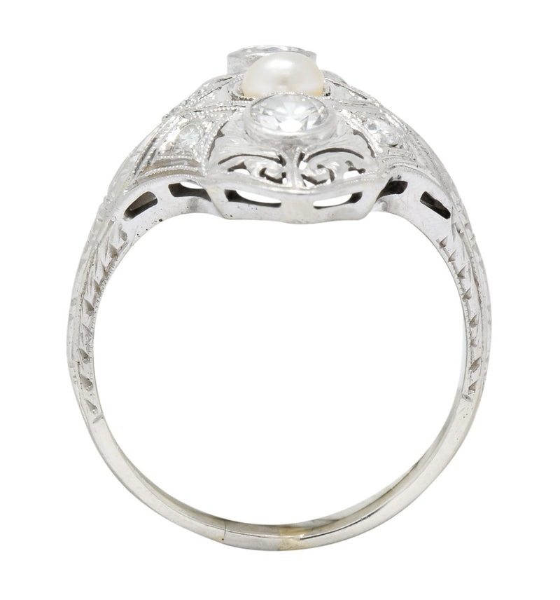 Edwardian Diamond Pearl Platinum 18 Karat White Gold Dinner Ring - Wilson's Estate Jewelry